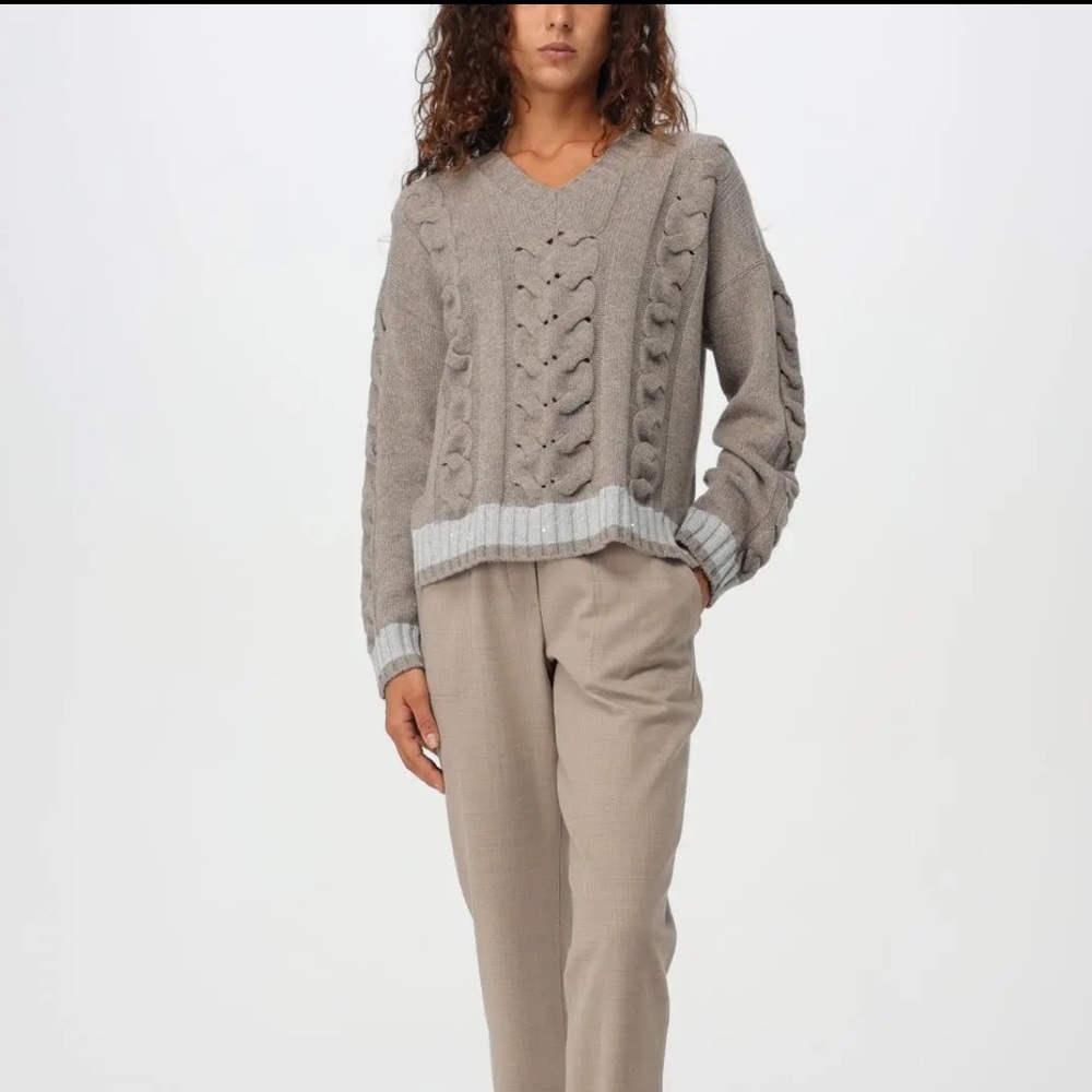 Lorena Antoniazzi | Cable Knit V-Neck Sweater | Taupe | 38 | NWOT - Picture 5 of 12